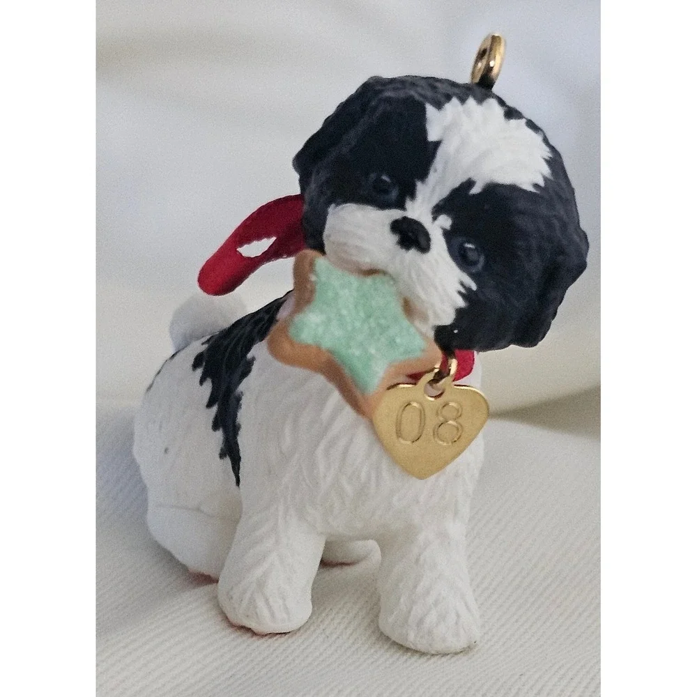 Hallmark Keepsake 2008 Shih Tzu Puppy Dog Christmas Ornament Black White Red Bow